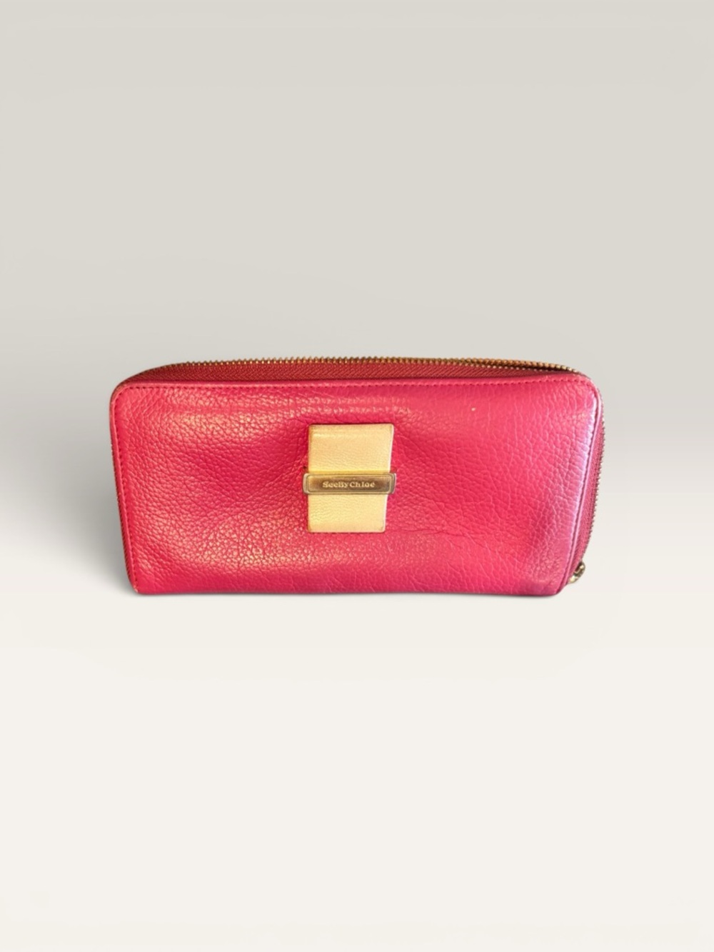 See By Chloe Hot Pink Leather Zip Wallet with Gold Plaque